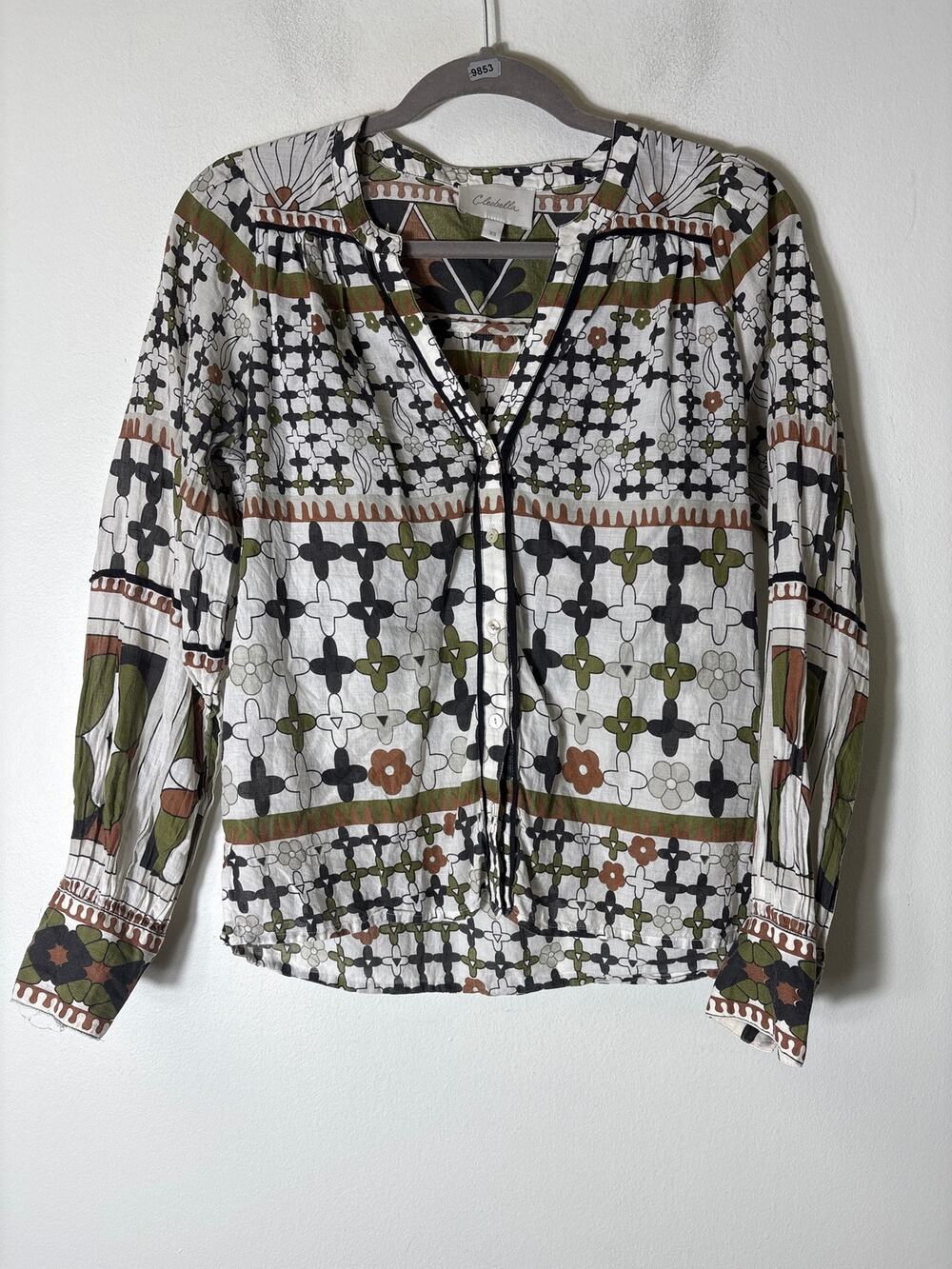 Cleobella Olive and Brown Design Long Sleeve V NEck Shirt Sz XS